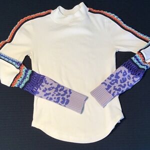 White Knit Sweater with Purple Leopard Sleeve Accents